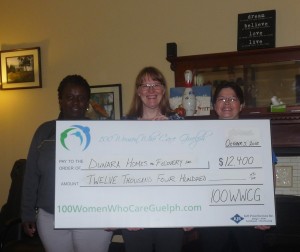 Our latest gift to Dunara Homes for Recovery was graciously accepted by Executive Director Yvonne Bowes (on right) and Yoland Webster, their Program Manager (on left), presented by 100 WWCG Organizing Member Tannis Sprott (centre).