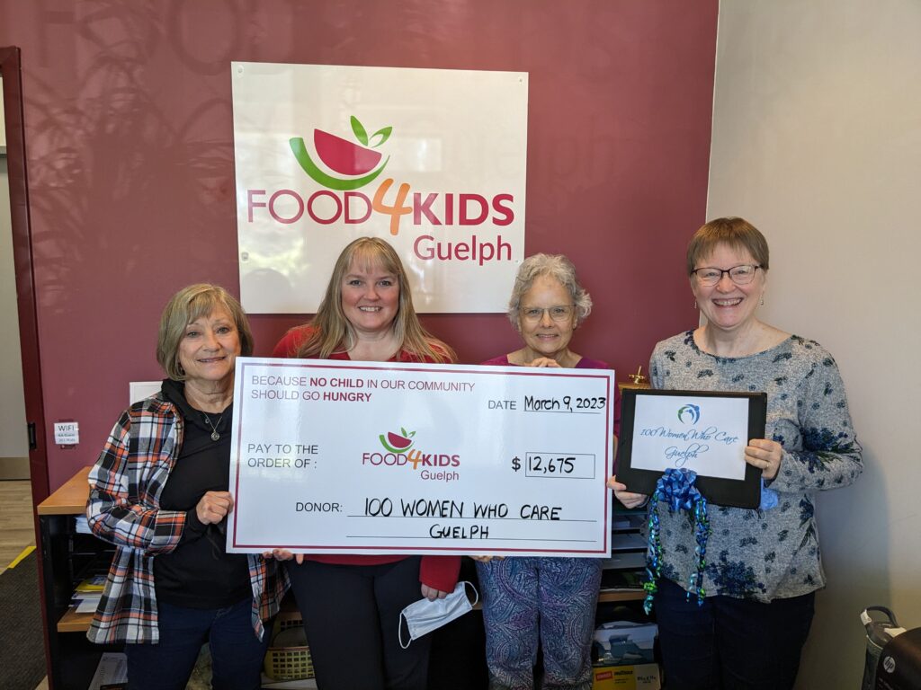 (Right to left) Tannis Sprott, Peggy Brightwell, Sharon Lewis and Miriam Vince 
make a 100WWCG cheque presentation to
 Food For Kids Guelph